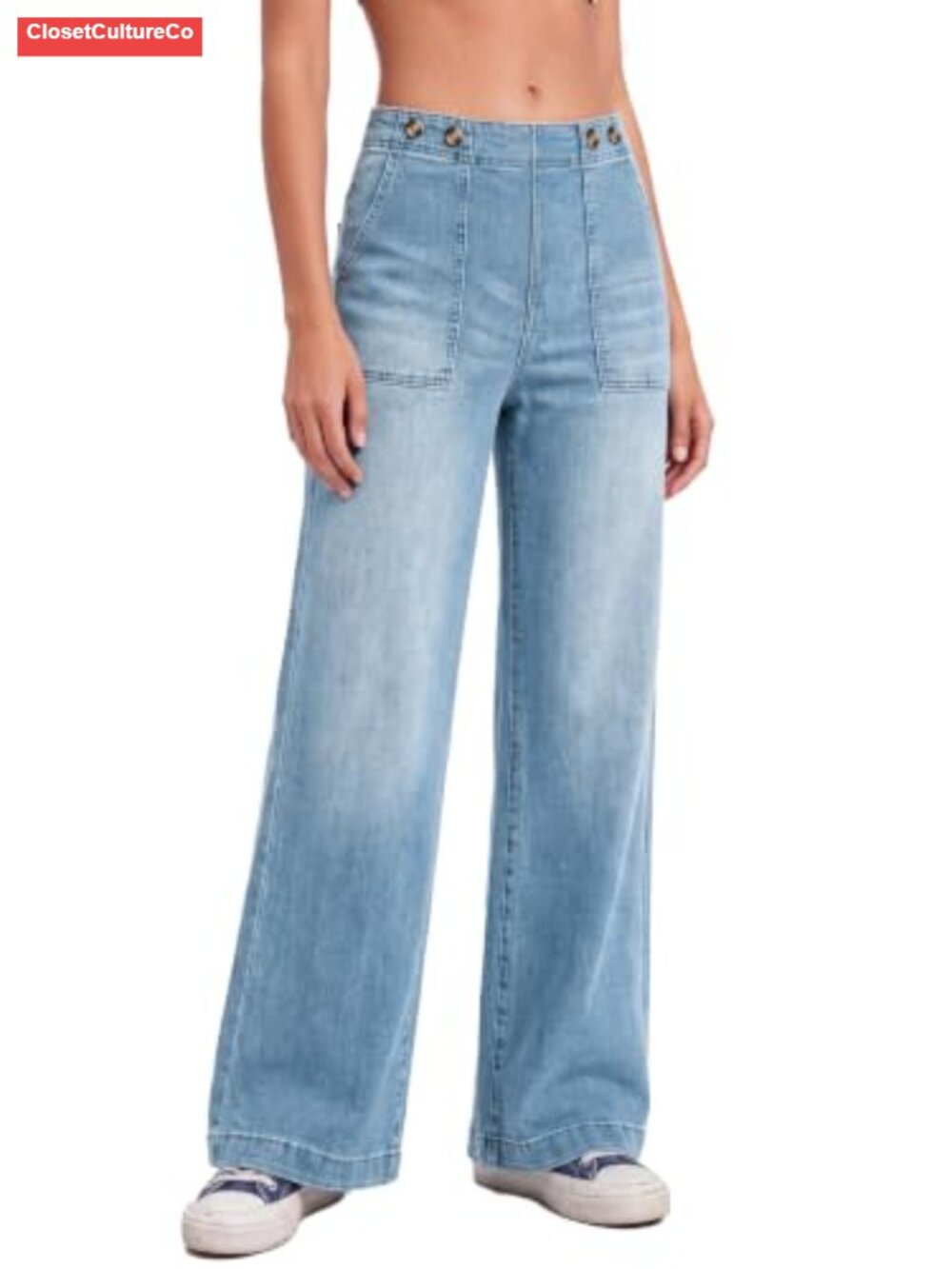 High Waist Wide Leg Jeans Baggy Denim Pants Patch Pocket